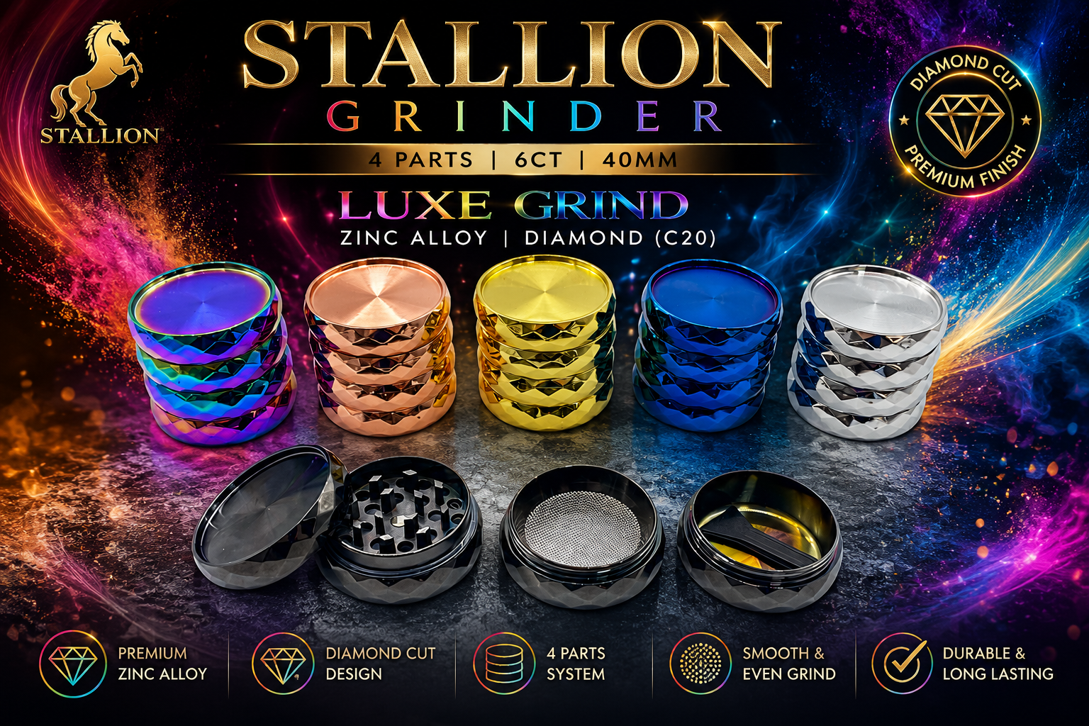 Stallion Grinder 4 Parts 6CT 40MM Luxe Grind Zinc Alloy Diamond (C20) product image