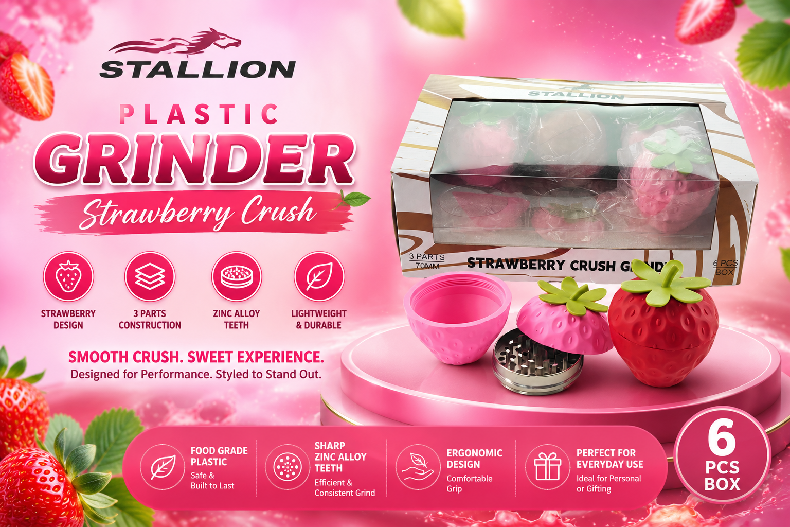Stallion Plastic Grinder Strawberry Crush With Zinc Alloy Teeth 2.7" 3 Parts 70MM 6CT (C12) product image