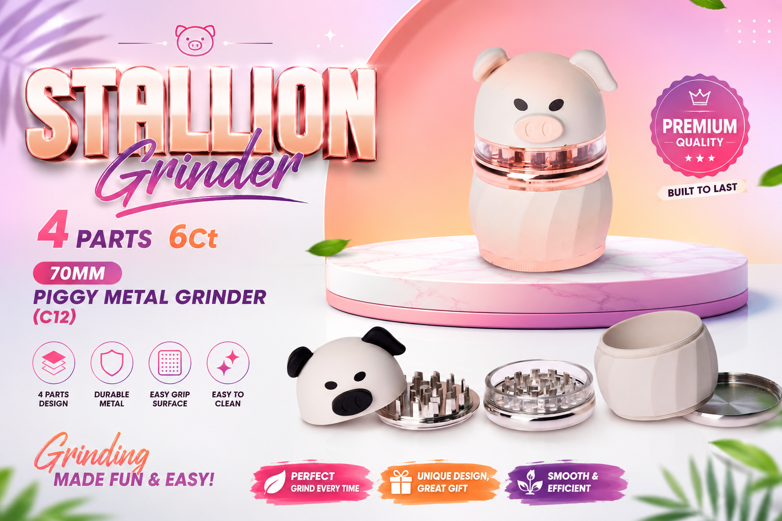 Stallion Grinder 4 Parts 6Ct 70MM Piggy Metal Grinder (C12) product image