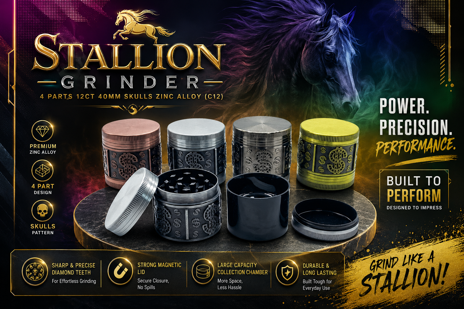 Stallion Grinder 4 Parts 12Ct 40MM Skulls Zinc Alloy (C12) product image