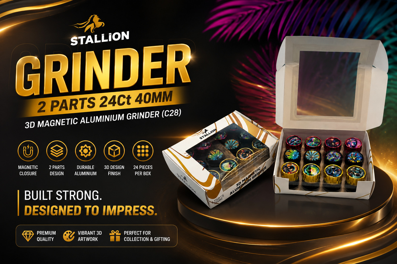 Stallion Grinder 2 Parts 24Ct 40MM 3D Magnetic Aluminium Grinder (C28) product image