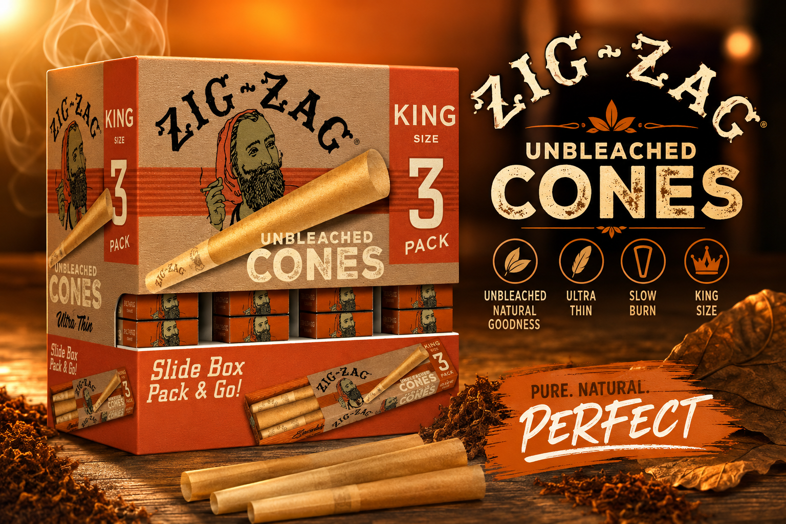 CP Zig Zag Paper Cones Slide Box 3Pack Unbleached King Size 36CT Gravity Display (C16) product image