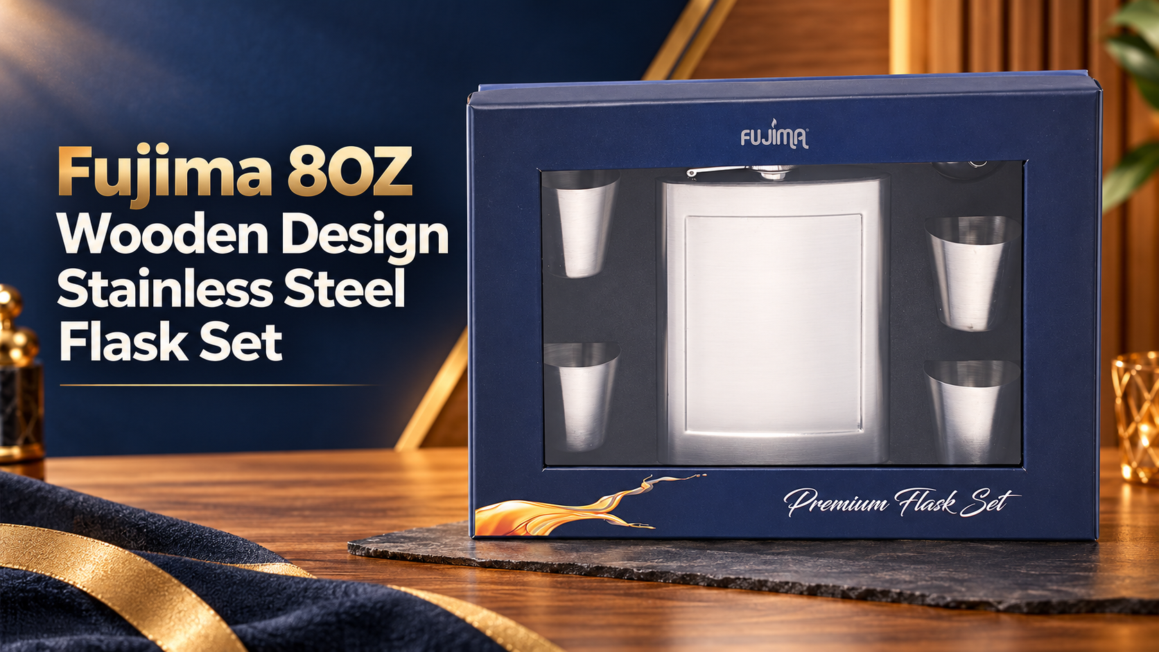 Fujima 8OZ Wooden Design Stainless Steel Flask Set product image
