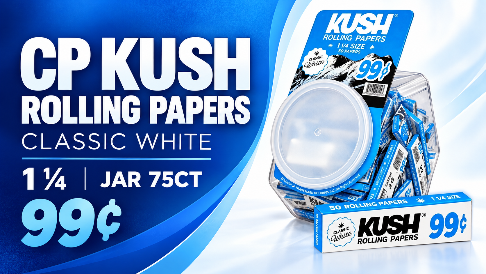 CP Kush Rolling Papers 1 ¼ Classic White ¢0.99 Jar 75CT (C12) product image