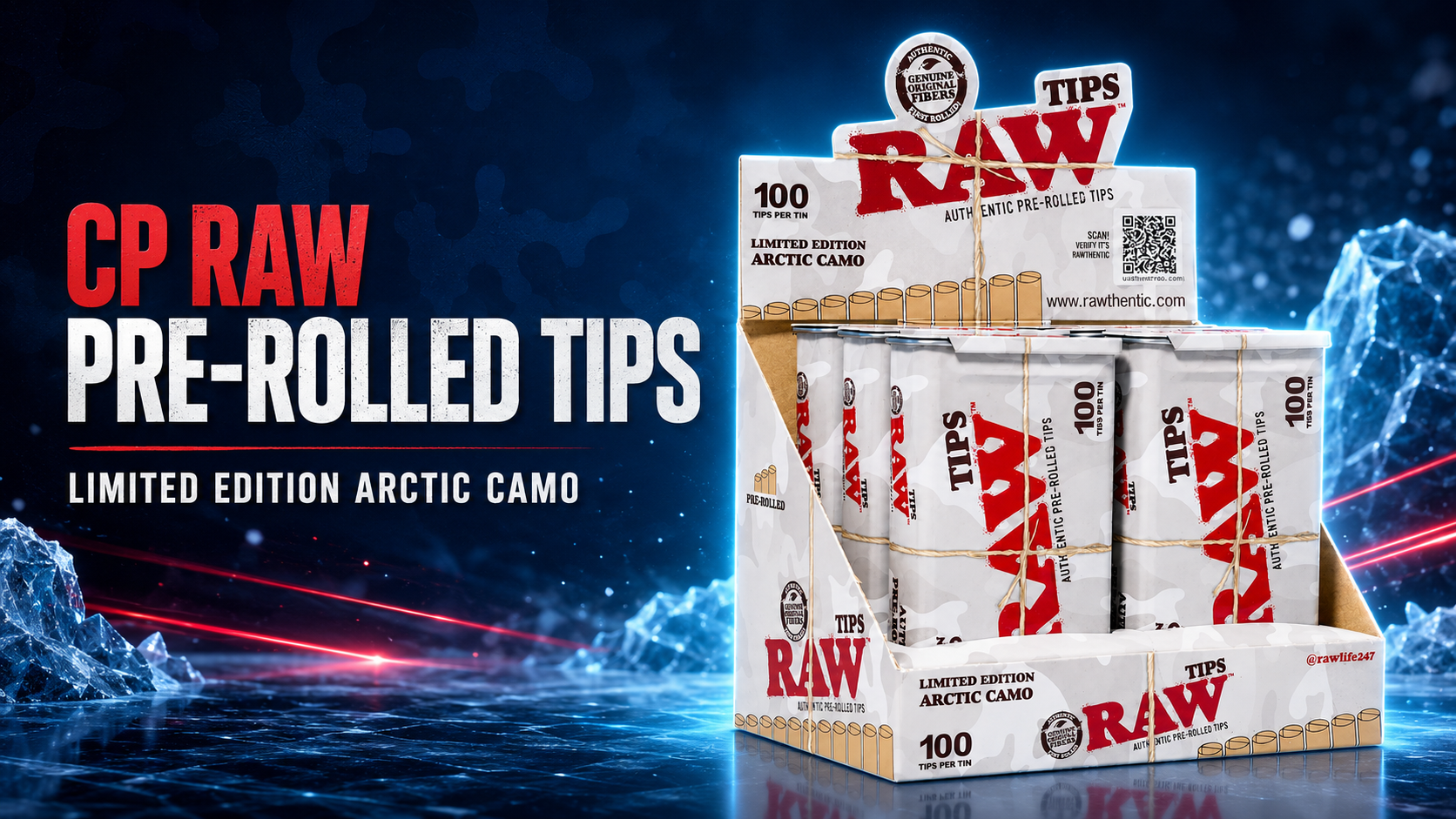 CP Raw Pre-Rolled Limited Edition Arctic Camo Tips 6CT (100 Tips /Tin) (C20) product image