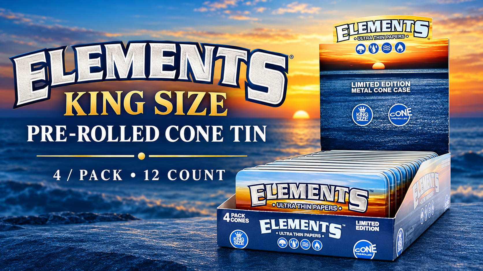 Elements King Size 4/Pk Pre Rolled Cone Tin 12Ct (C15) product image
