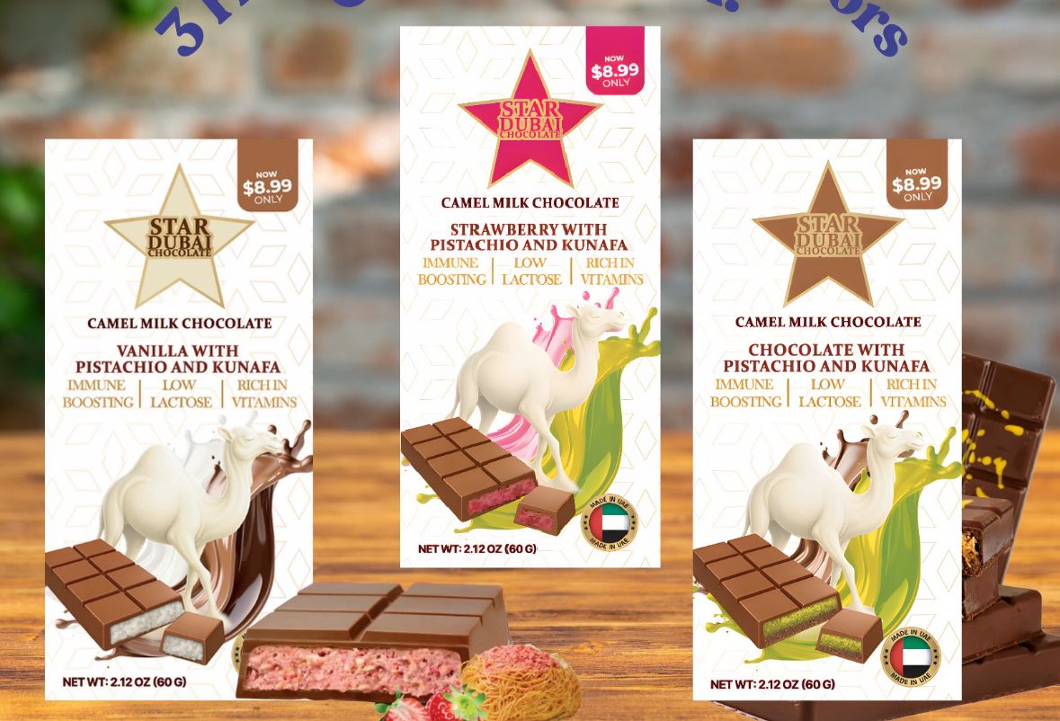 Star Dubai Camel Milk Chocolate 60G 12Ct (4 Strawberry 4 Vanilla 4 Chocolate) With Kunafa Pre Priced $8.99 product image