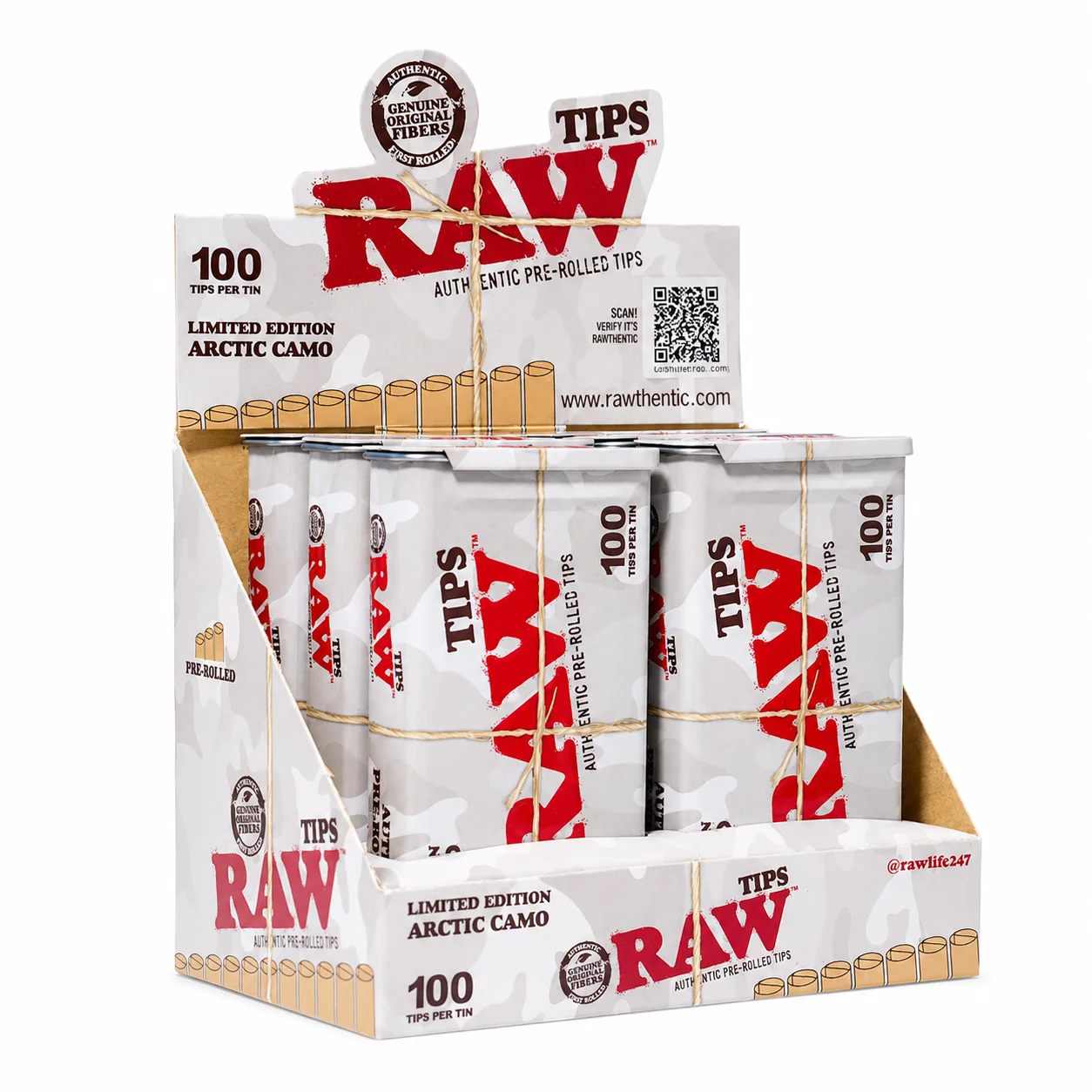 CP Raw Pre-Rolled Limited Edition Arctic Camo Tips 6CT (100 Tips /Tin) (C20) product image