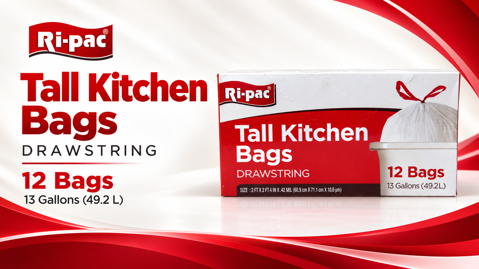 Ri-Pac Tall Kitchen Bags W/Drawstring 13Gallon 12Pk 1CT (C24) product image