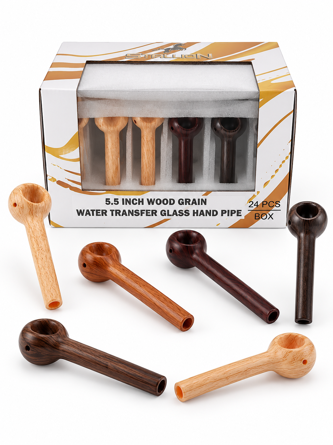 Stallion Pipe 5.5" Wood Grain Water Transfer Glass Hand Pipe 24CT (C12) product image