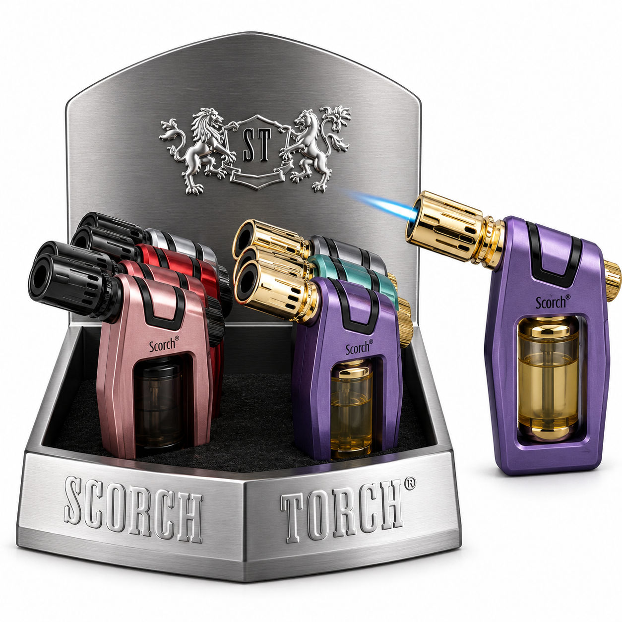 SCORCH TORCH EGRONMICS TRANSPARENT TANK LIGHTER ASSORTED COLORS DISPLAY OF 6 ST-180