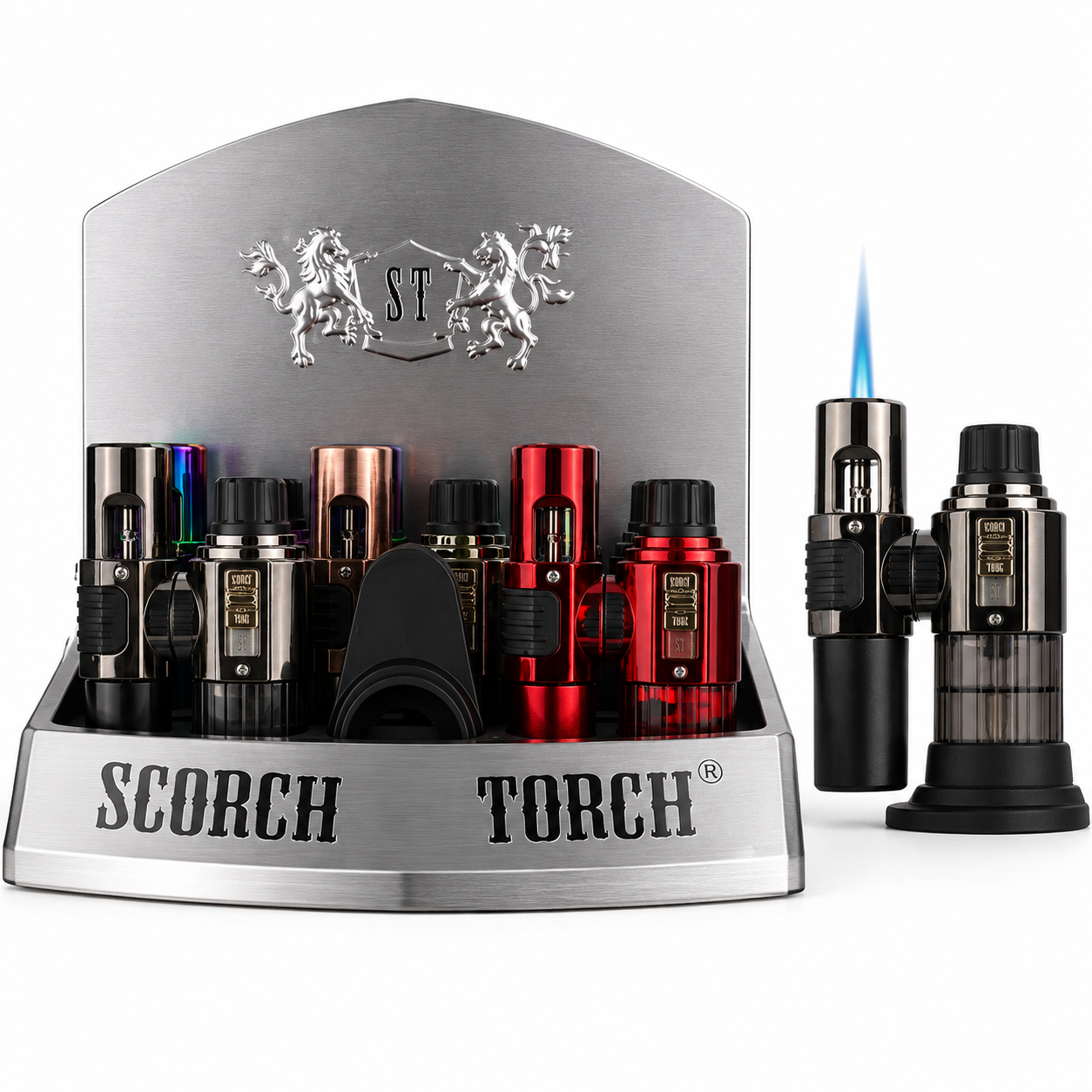 SCORCH TORCH SINGLE FLAME ROTATABLE NOZZLE TORCH ASSORTED COLORS DISPLAY OF 6 ST-183