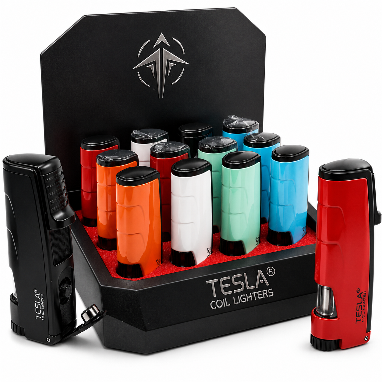 SCORCH TORCH TESLA T3 W/SIDE PRESS & POKER LIGHTER ASSORTED COLORS DISPLAY OF 12 ST-177