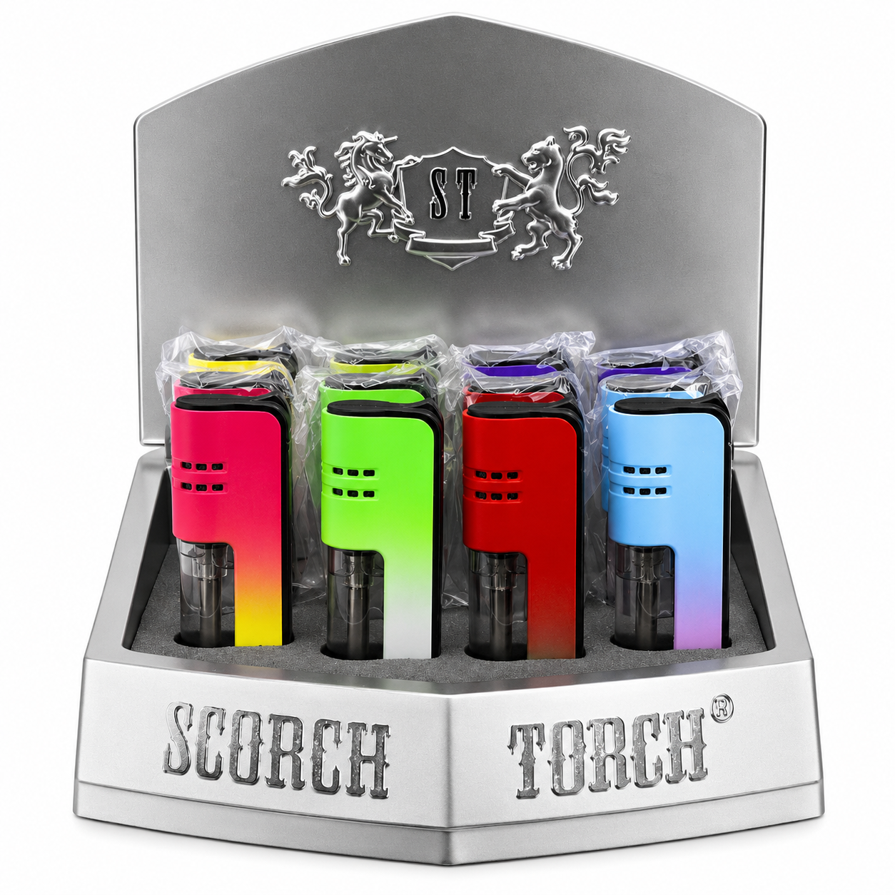SCORCH TORCH SINGLE FLAME TRANSPARENT TANK LIGHTER ASSORTED COLORS DISPLAY OF 12 ST-170