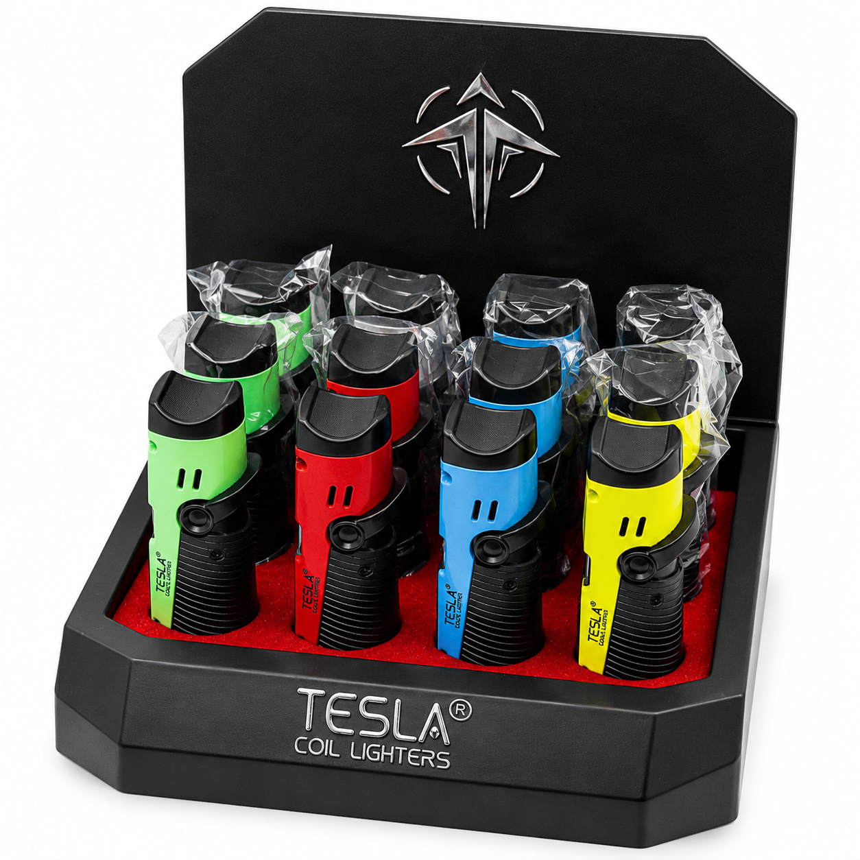 SCORCH TORCH TESLA EASY PRESS W/CIGAR PUNCH ASSORTED COLORS DISPLAY OF 12 ST-175