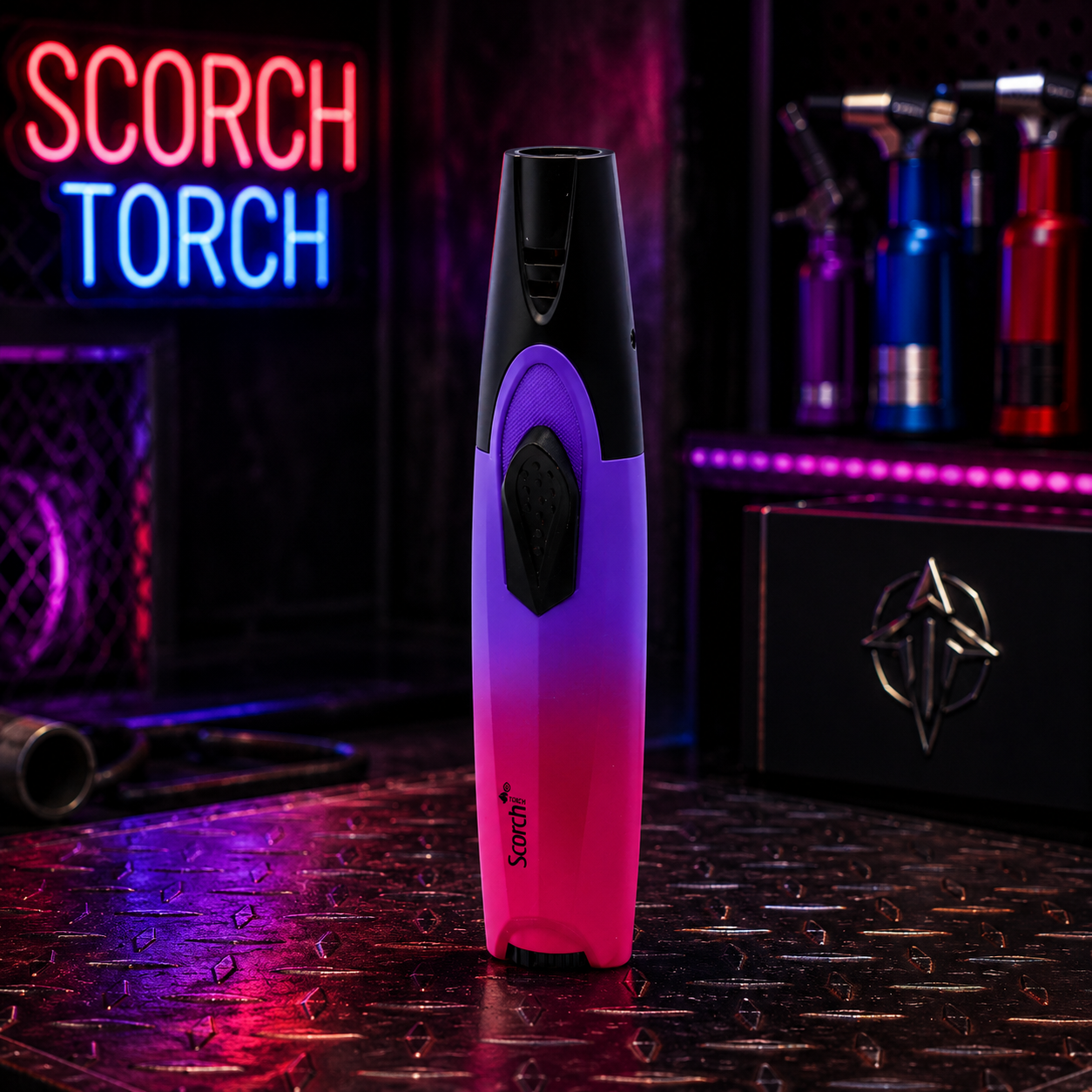 SCORCH TORCH SINGLE FLAME W/PUSH UP IGNITION ASSORTED COLORS DISPLAY OF 12 ST-149