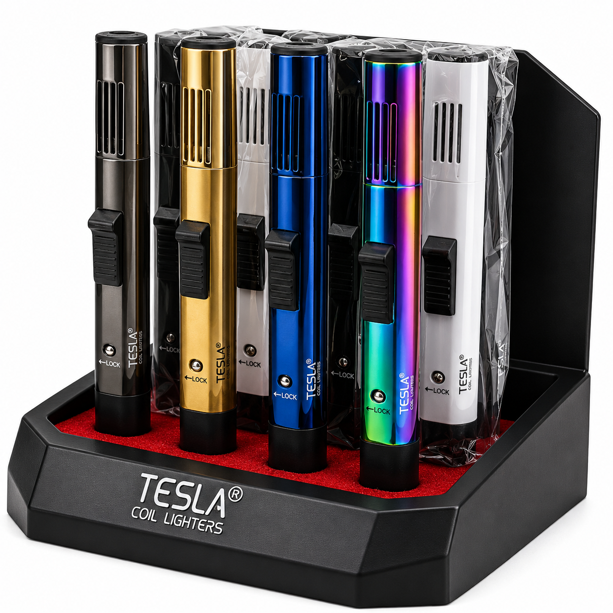 SCORCH TORCH TESLA FLAT BOSY WIND TORCH ASSORTED COLORS DISPLAY OF 12 ST-178