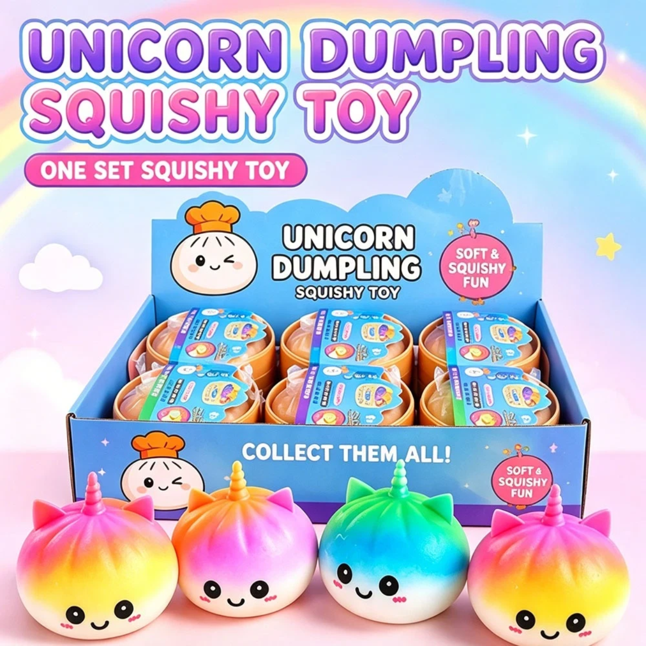 SQUISHY BUN KAWAII DUMPLING UNICORN EDITION SENSORY FIDGET TOY DISPLAY OF 12