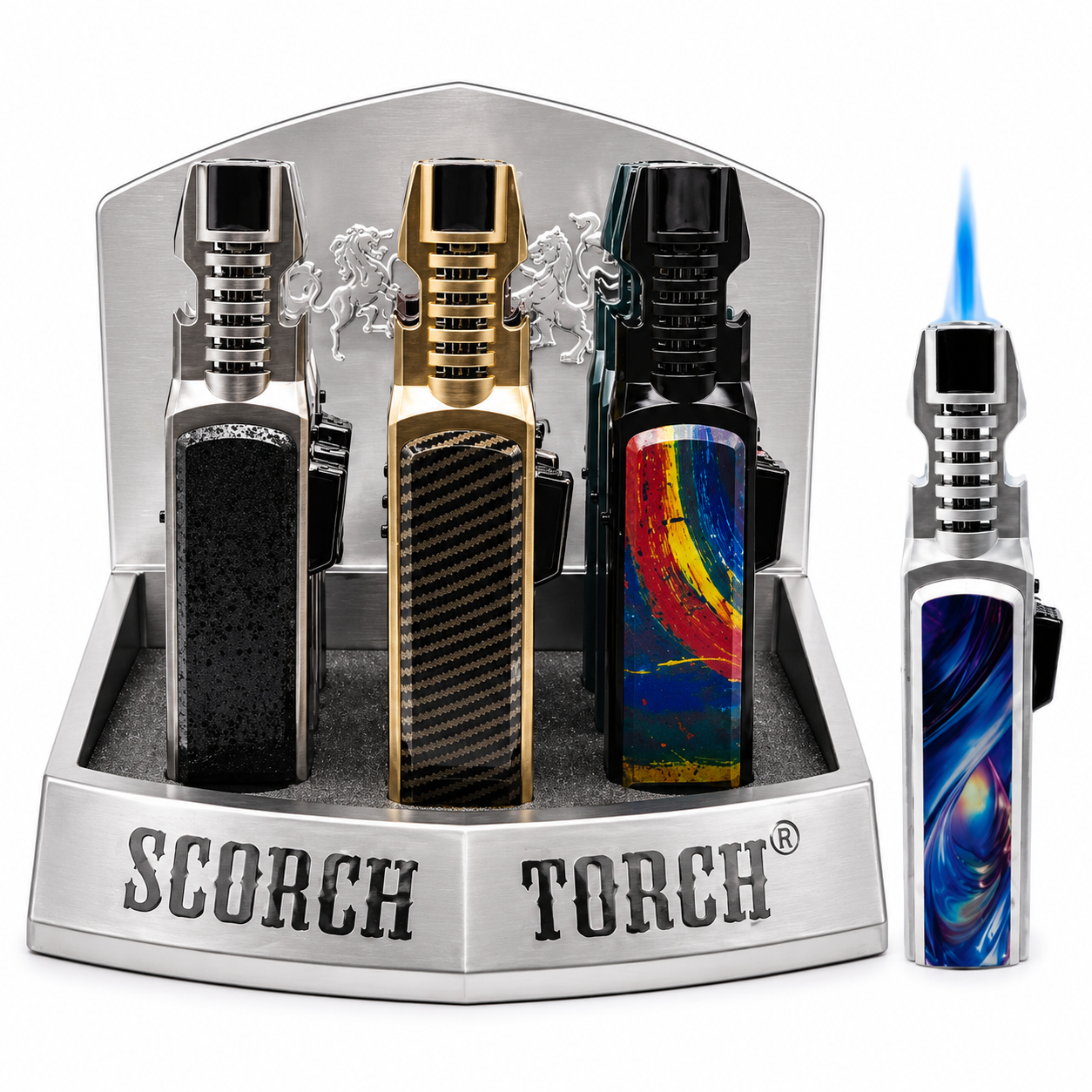 SCORCH TORCH SINGLE FLAME W/SIDE IGNITION BUTTON ASSORTED COLORS DISPLAY OF 9 ST-171