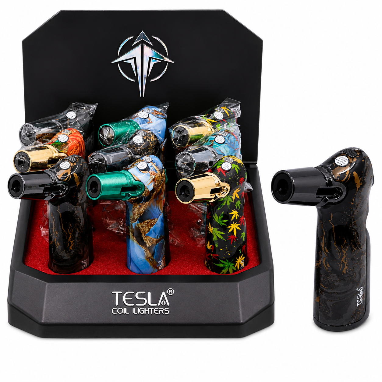 SCORCH TORCH TESLA SINGLE FLAME W/CIGAR PUNCH ASSORTED COLORS DISPLAY OF 9 ST-179