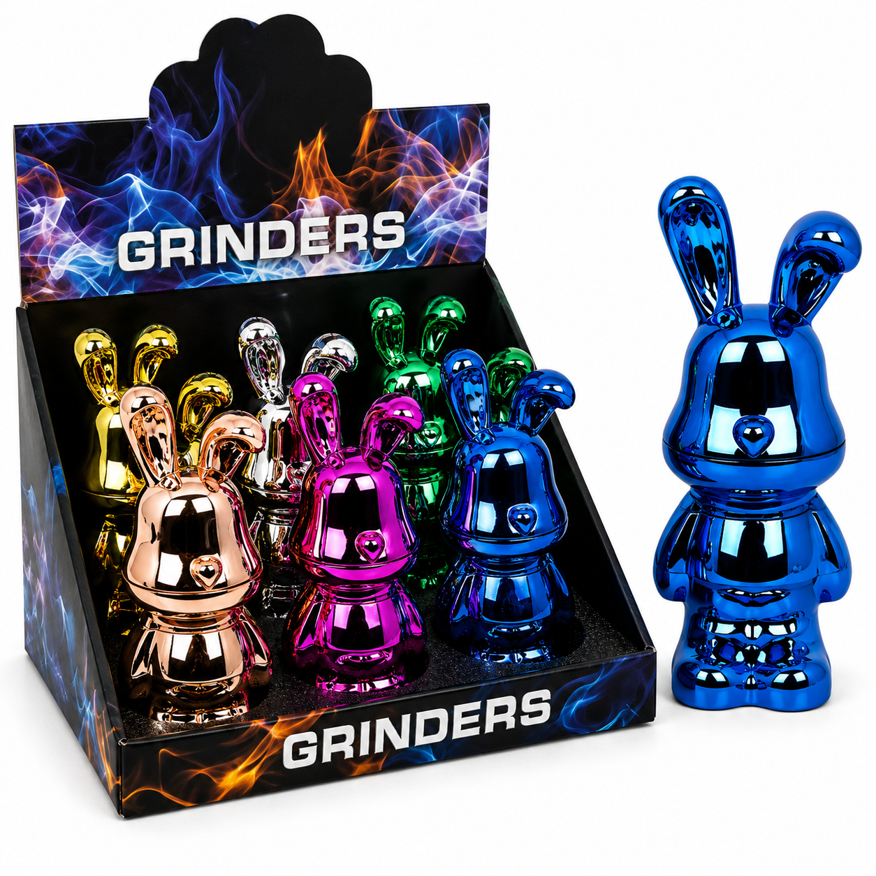 BUNNY 3 PART 128MM GRINDER DISPLAY OF 6 ASSORTED COLORS (GR7013)
