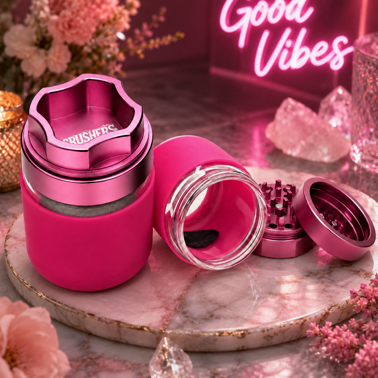 CRUSHERS 3 PARTS 55MM METAL GRINDER WITH GLASS JAR DISPLAY OF 6 (GR521)