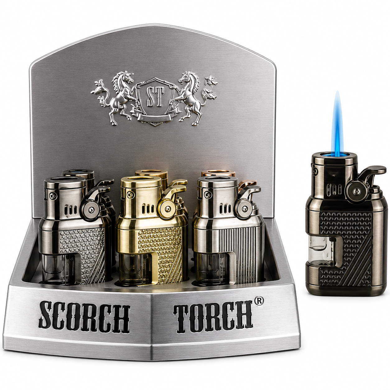 SCORCH TORCH DOUBLE FLAME TORCH LIGHTER W/CIGAR PUNCH ASSORTED COLORS DISPLAY OF 9 ST-163