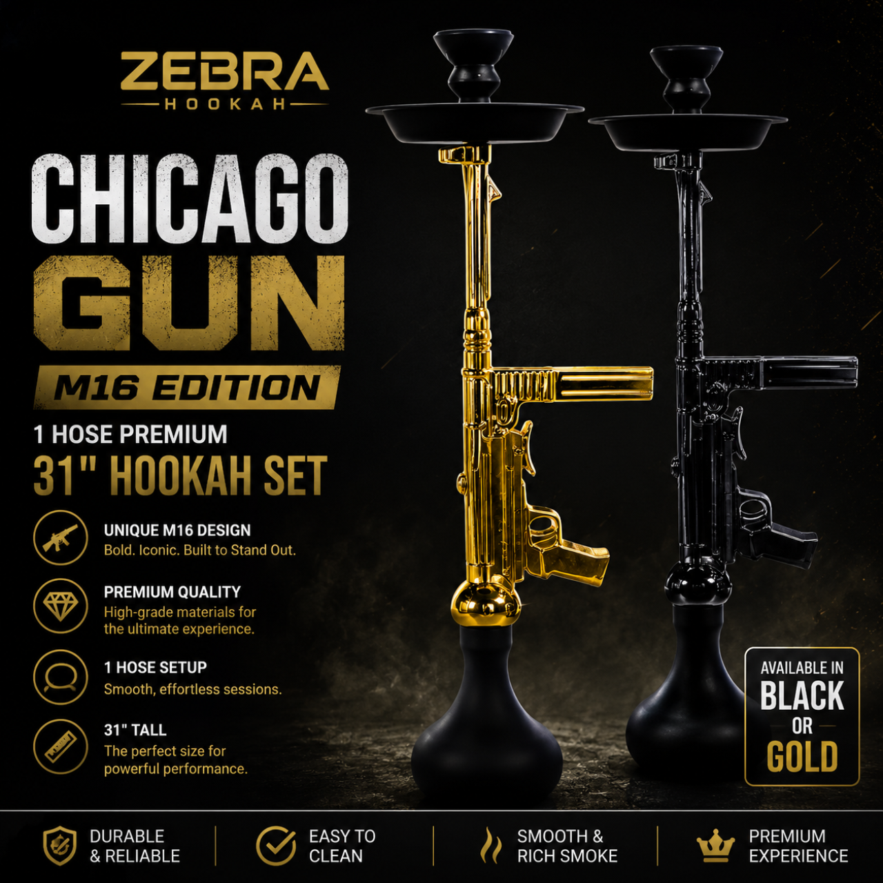 ZEBRA HOOKAH CHICAGO GUN M16 EDITION 1 HOSE PREMIUM 31" HOOKAH SET