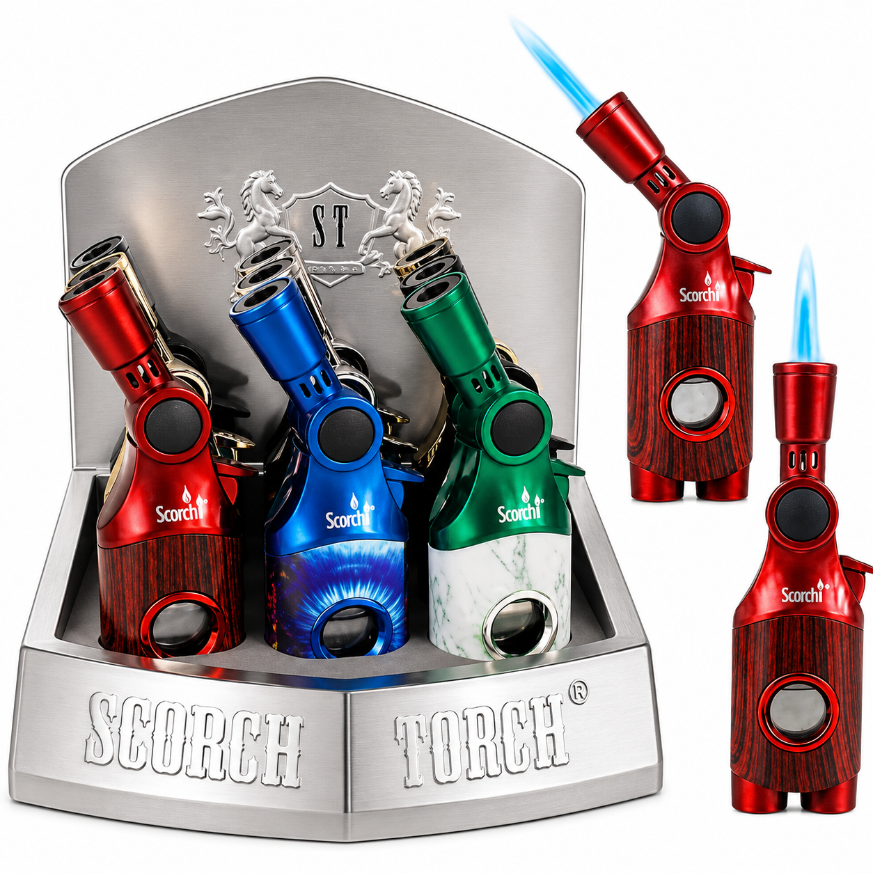 SCORCH TORCH SINGLE FLAME W/ADUSTABLE NOZZLE ASSORTED COLORS DISPLAY OF 9 ST-166