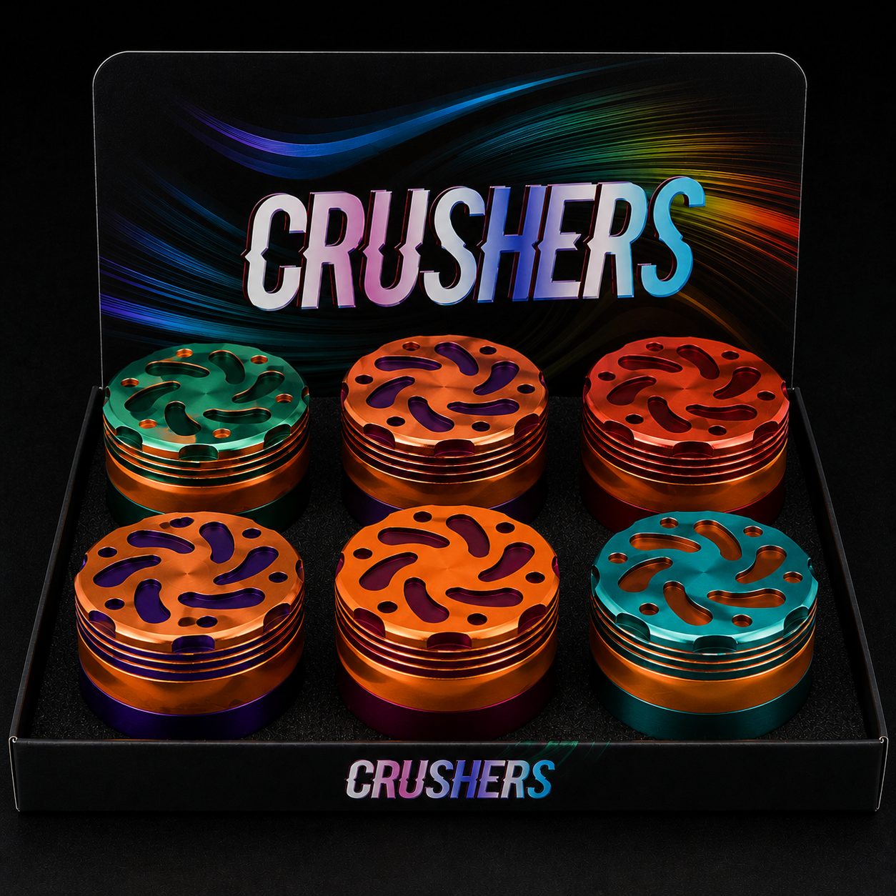 CRUSHERS BOOMERANG DESIGN 45MM GRINDERS ASSORTED COLORS DISPLAY OF 6 (GR250)
