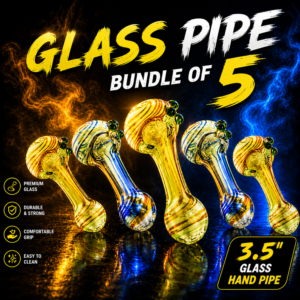 FUMED MARBLE HEAD 3.5 GLASS HAND PIPE ASSORTED COLORS BUNDLE OF 5 (HP28)