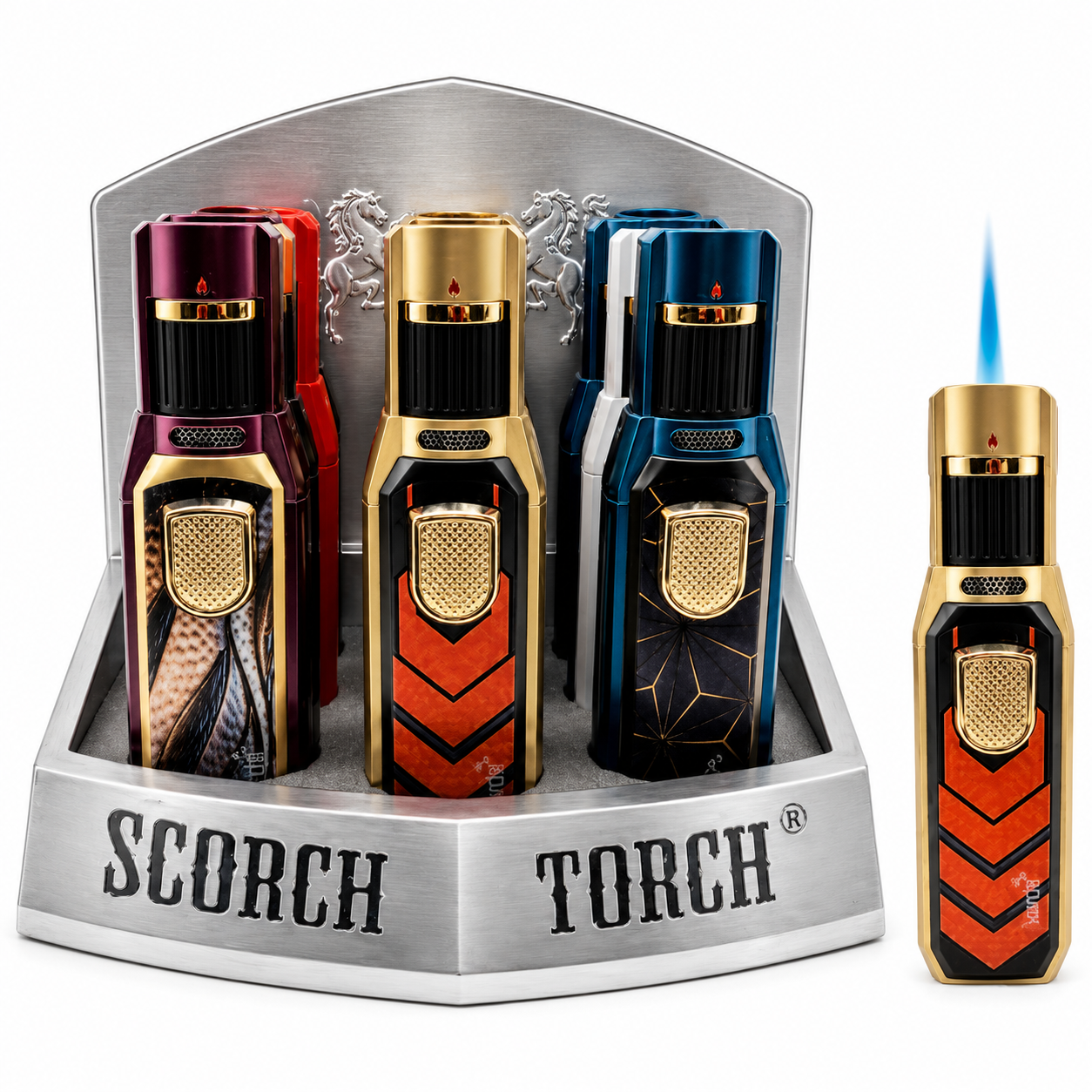 SCORCH TORCH SINGLE FLAME COLOR CHANGING LIGHTER ASSORTED COLORS DISPLAY OF 9 ST-169