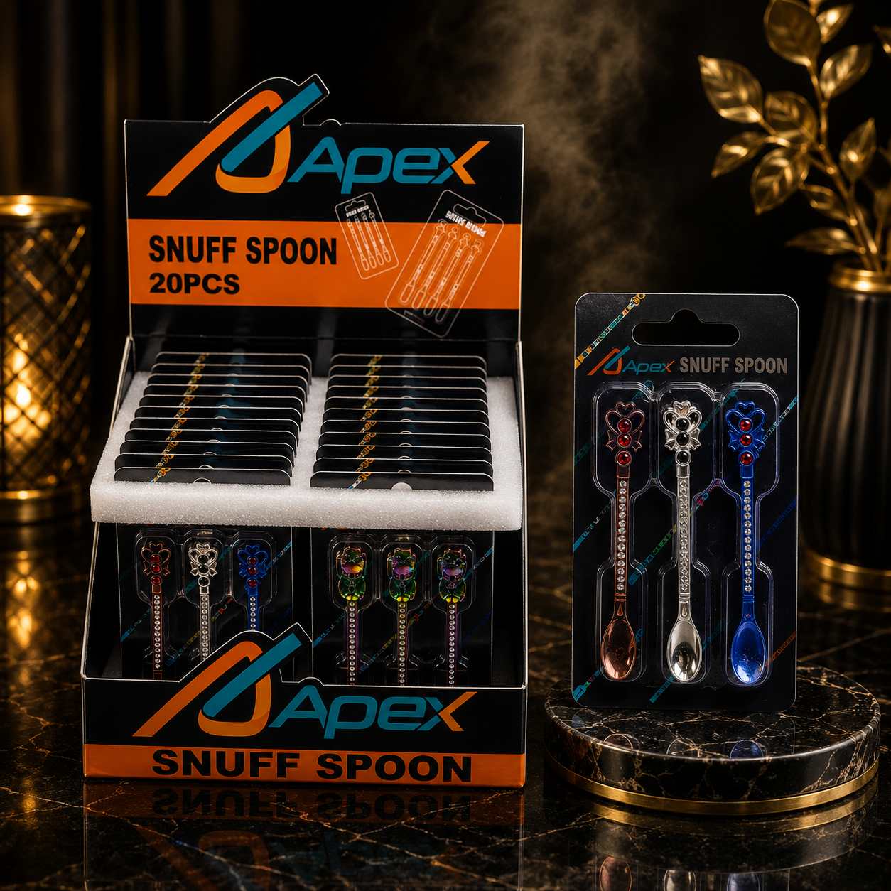 APEX CHROME RAINBOW COLORED SNUFF SPOON ASSORTED DESIGNS DISPLAY OF 20