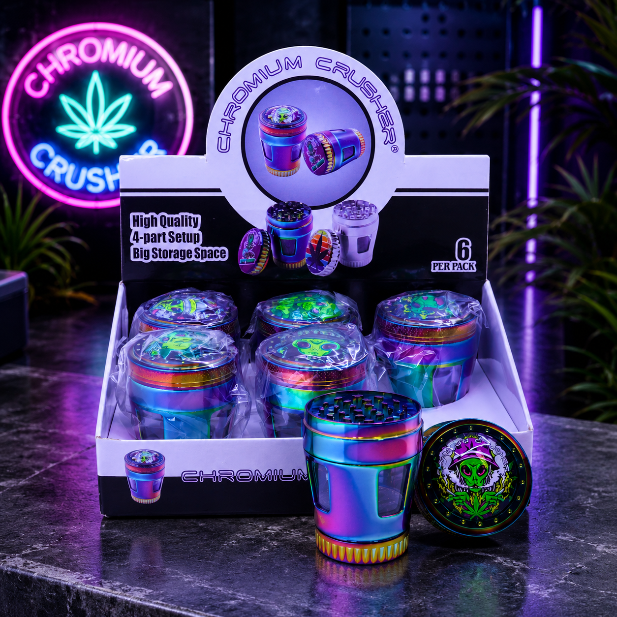 CHROME RAINBOW ALIEN DESIGN 70MM 4 PART GRINDER DISPLAY OF 6