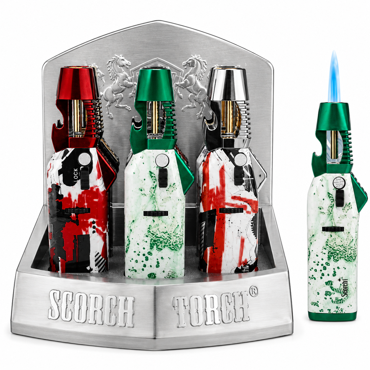 SCORCH TORCH SINGLE FLAME W/BOTTLE OPENER NOZZLE ASSORTED COLORS DISPLAY OF 9 ST-165