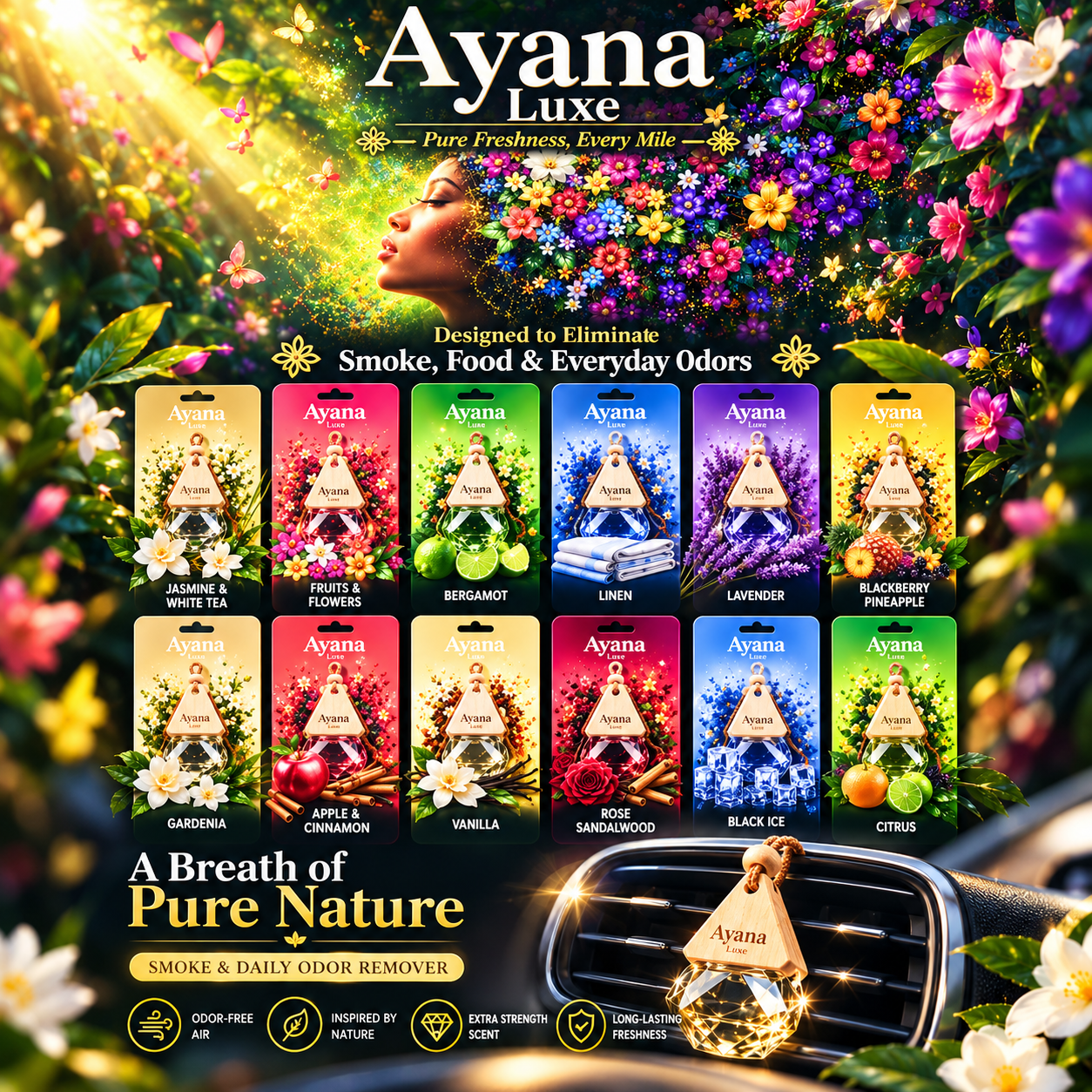 AYANA LUXE CRYSTAL DIAMOND SHAPE CAR ODOR ELIMINATOR AIR FRESHENER DISPLAY OF 36